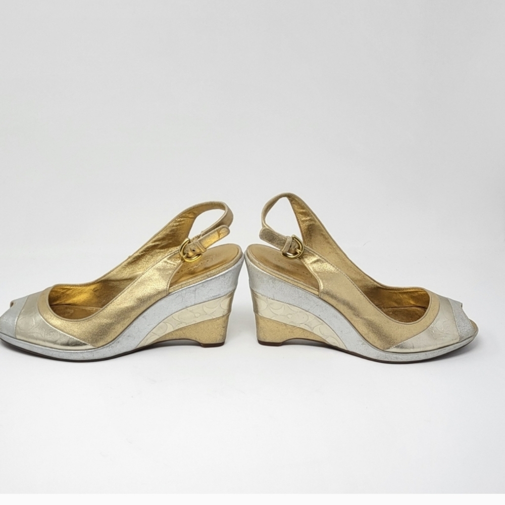 COACH ABRIANNE Gold and Silver Ankle Strap Wedge Heels Size 8B